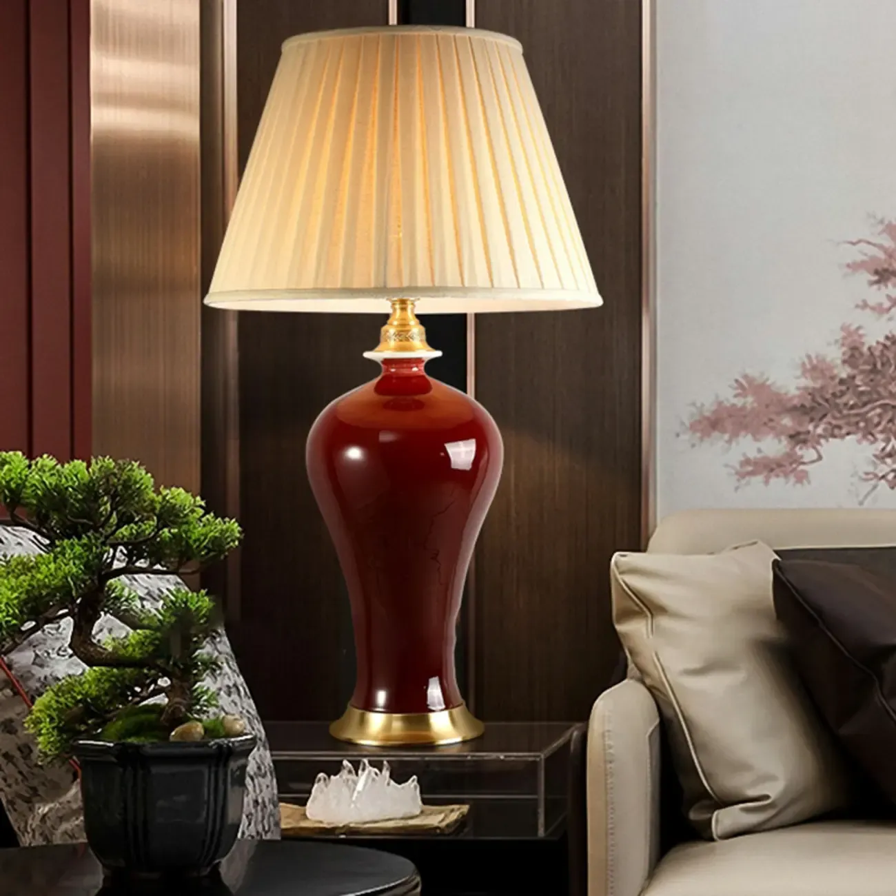 Red Geometric Ceramic Table Lamp With Button Switch And Fabric Shade Image - 4