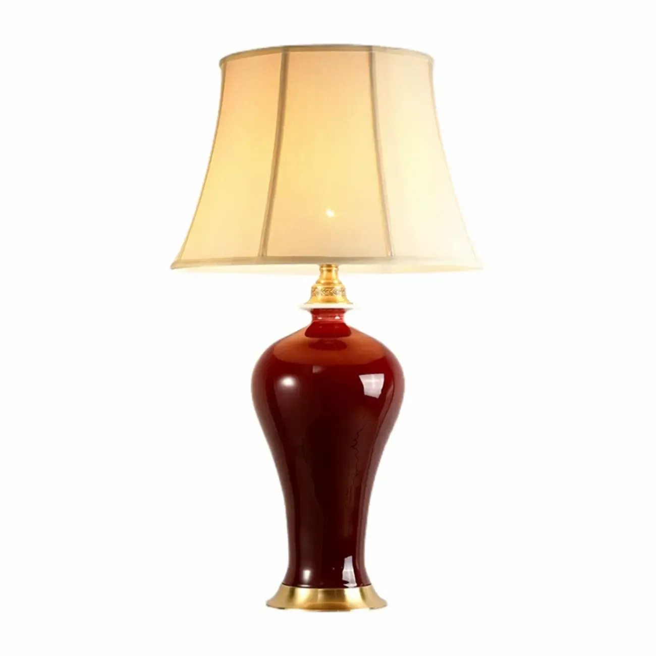 Red Geometric Ceramic Table Lamp With Button Switch And Fabric Shade Image - 5