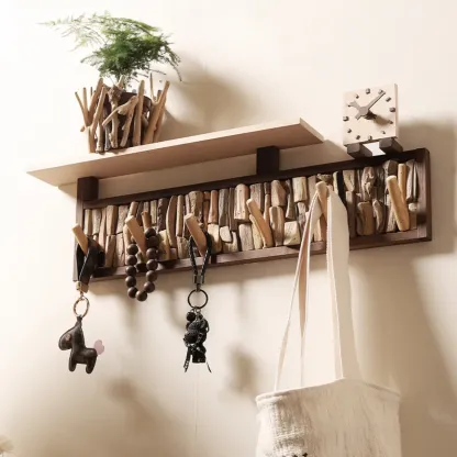Rustic Wooden Wall-Mounted Coat Rack with Shelf Image - 6