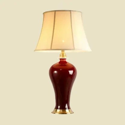Red Geometric Ceramic Table Lamp With Button Switch And Fabric Shade Image - 6