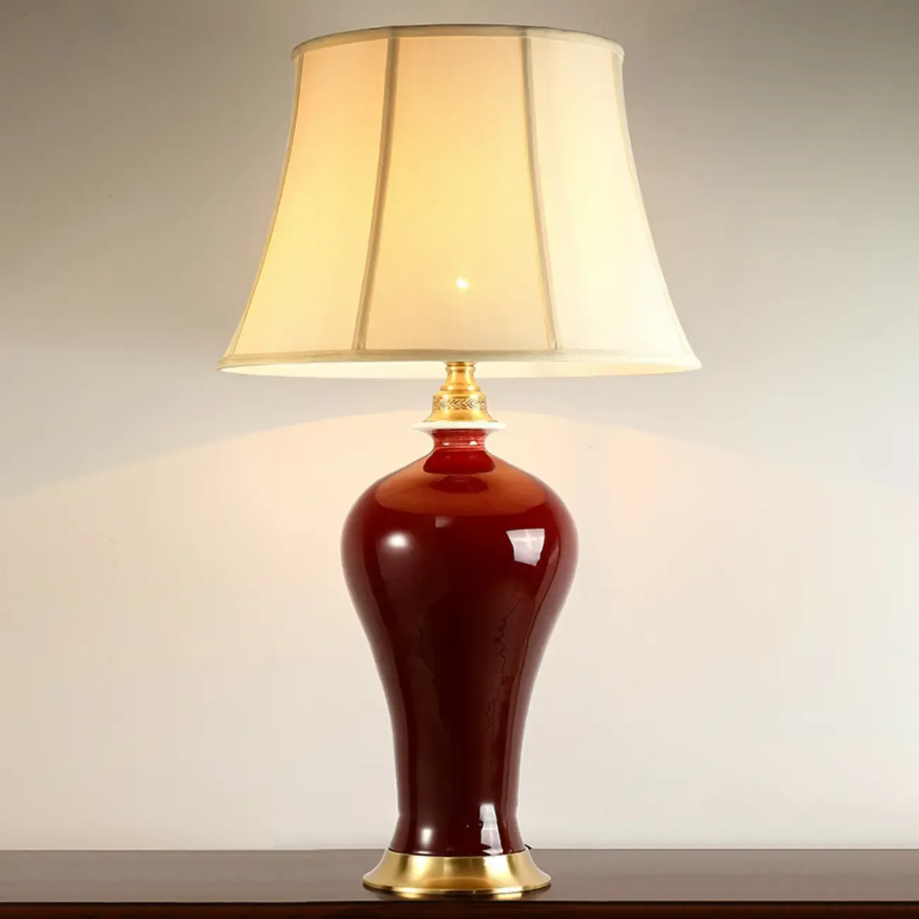 Red Geometric Ceramic Table Lamp With Button Switch And Fabric Shade Image - 8