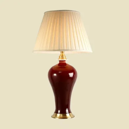 Red Geometric Ceramic Table Lamp With Button Switch And Fabric Shade Image - 7
