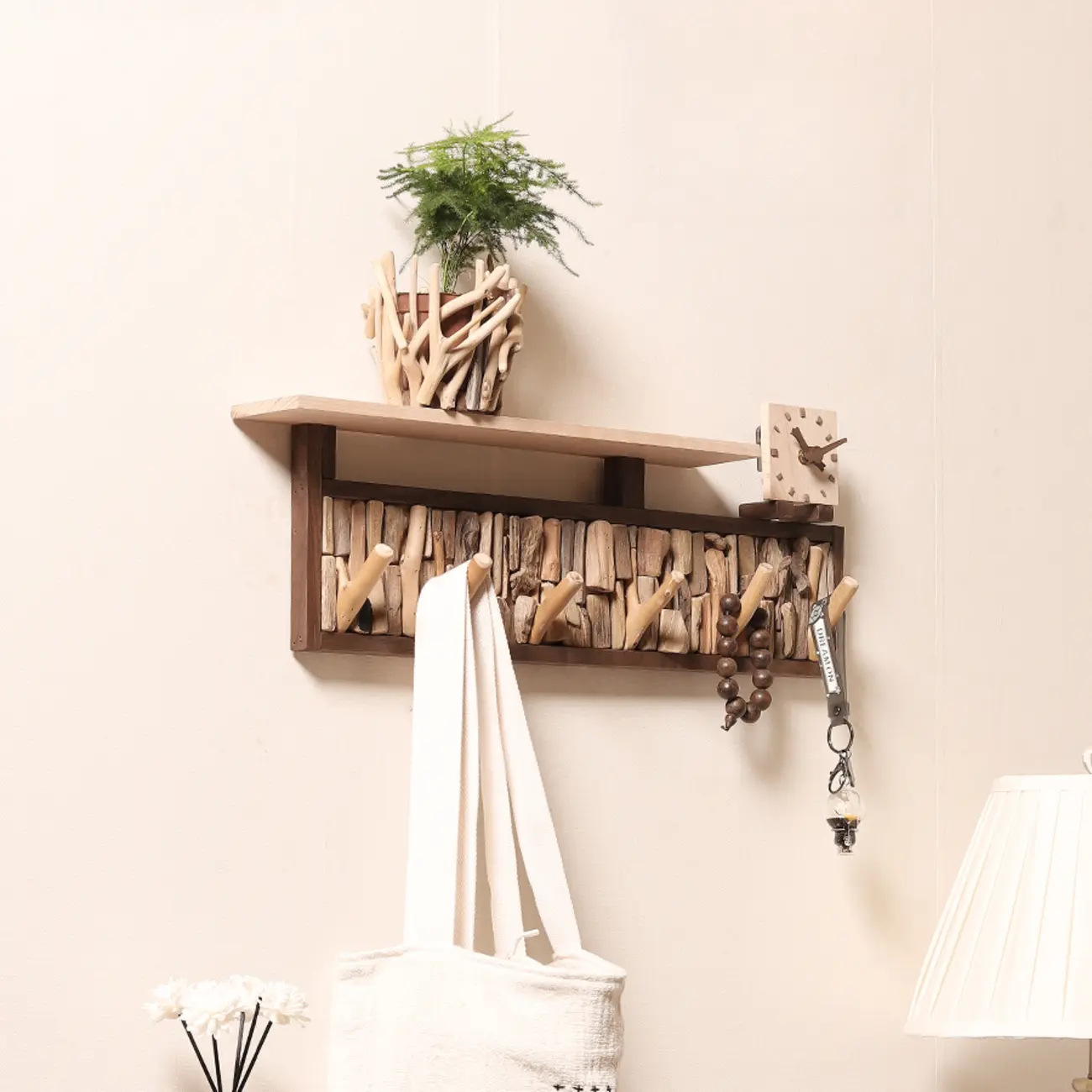 Rustic Wooden Wall-Mounted Coat Rack with Shelf Image - 8 | homeyfad