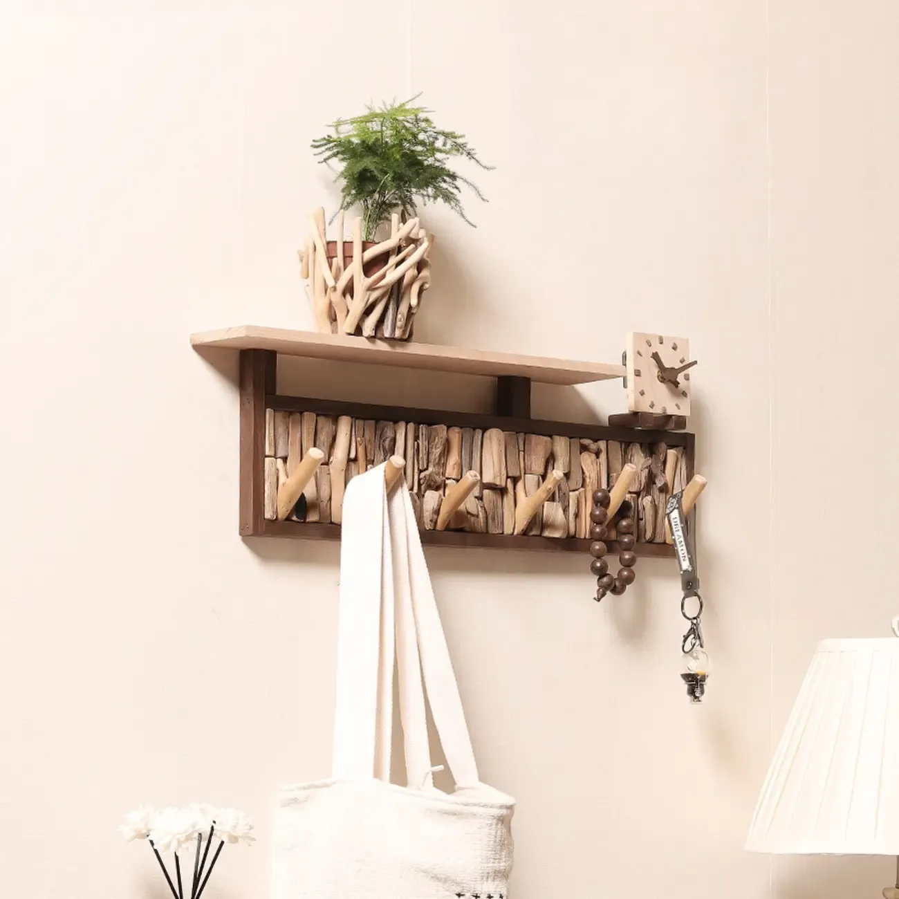 Rustic Wooden Wall-Mounted Coat Rack with Shelf Image - 8