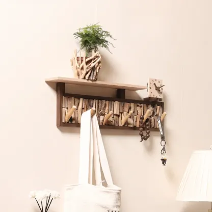 Rustic Wooden Wall-Mounted Coat Rack with Shelf Image - 8