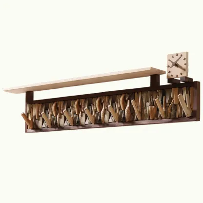 Rustic Wooden Wall-Mounted Coat Rack with Shelf Image - 9