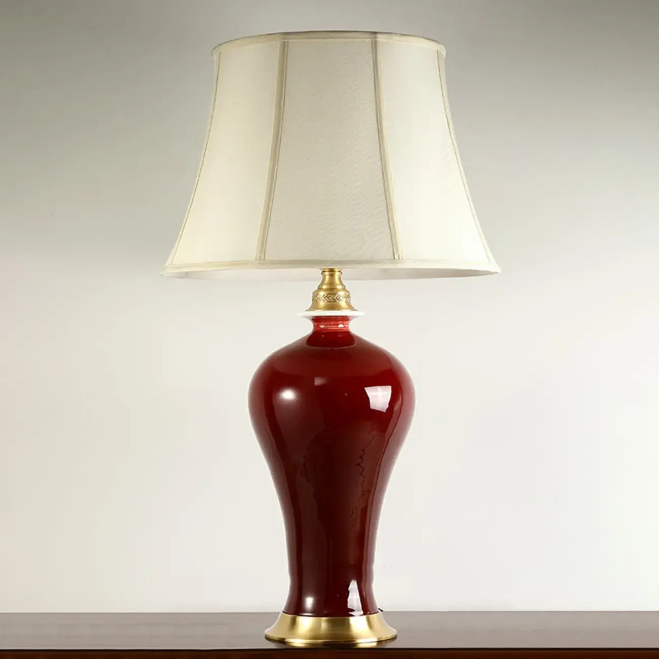 Red Geometric Ceramic Table Lamp With Button Switch And Fabric Shade Image - 10