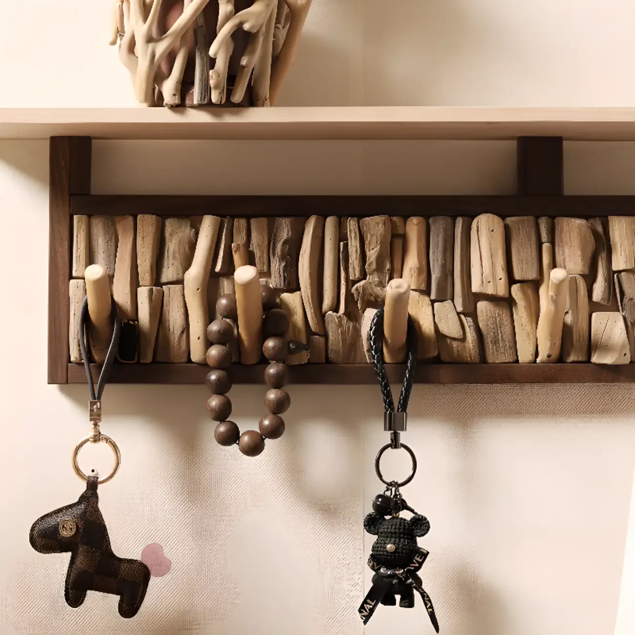 Rustic Wooden Wall-Mounted Coat Rack with Shelf Image - 11