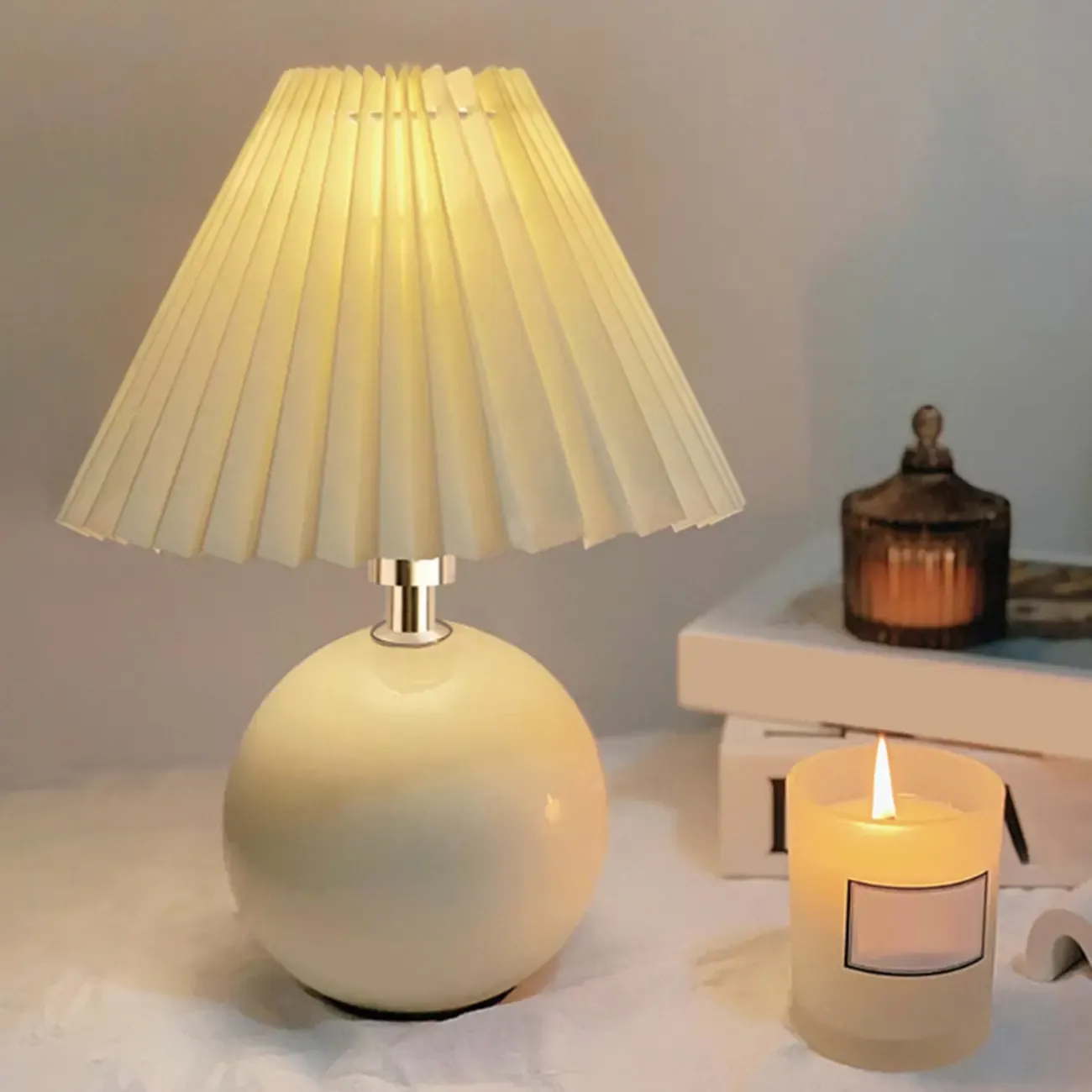 Modern Globe Ceramic Bedside Lamp With Beige Downward Shade Image - 1