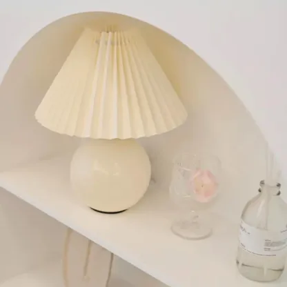 Modern Globe Ceramic Bedside Lamp With Beige Downward Shade Image - 2