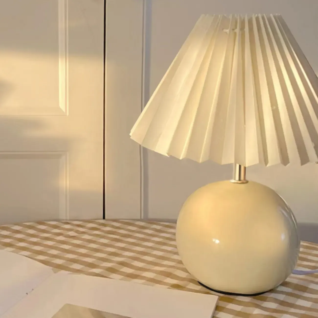 Modern Globe Ceramic Bedside Lamp With Beige Downward Shade Image - 3