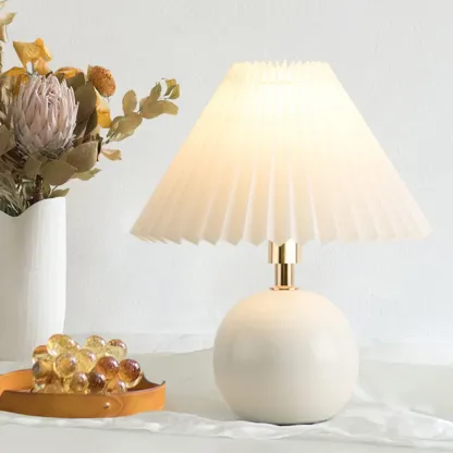 Modern Globe Ceramic Bedside Lamp With Beige Downward Shade Image - 7