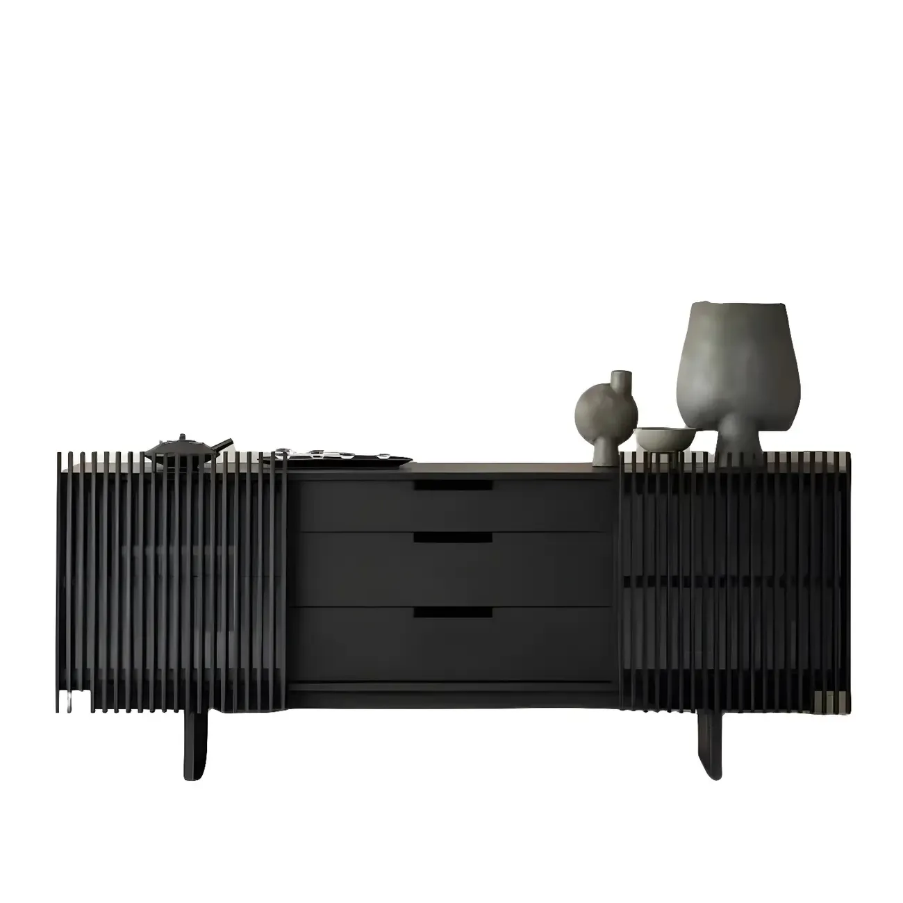 Black Wooden Buffet Table with Sliding Doors and Drawers Image - 2