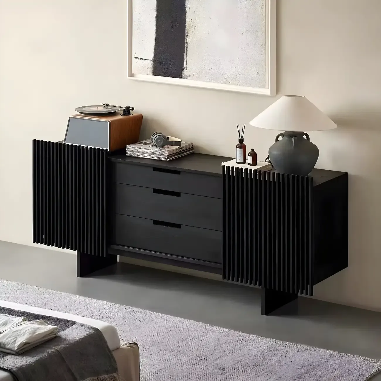 Black Wooden Buffet Table with Sliding Doors and Drawers Image - 4