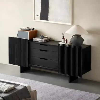 Black Wooden Buffet Table with Sliding Doors and Drawers Image - 4