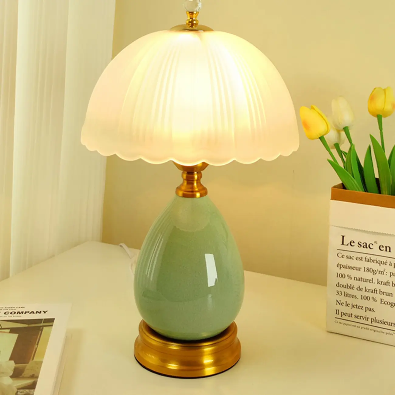 Green Ceramic Modern Table Lamp With Gold Base And White Glass Bowl Shade Image - 1 | homeyfad