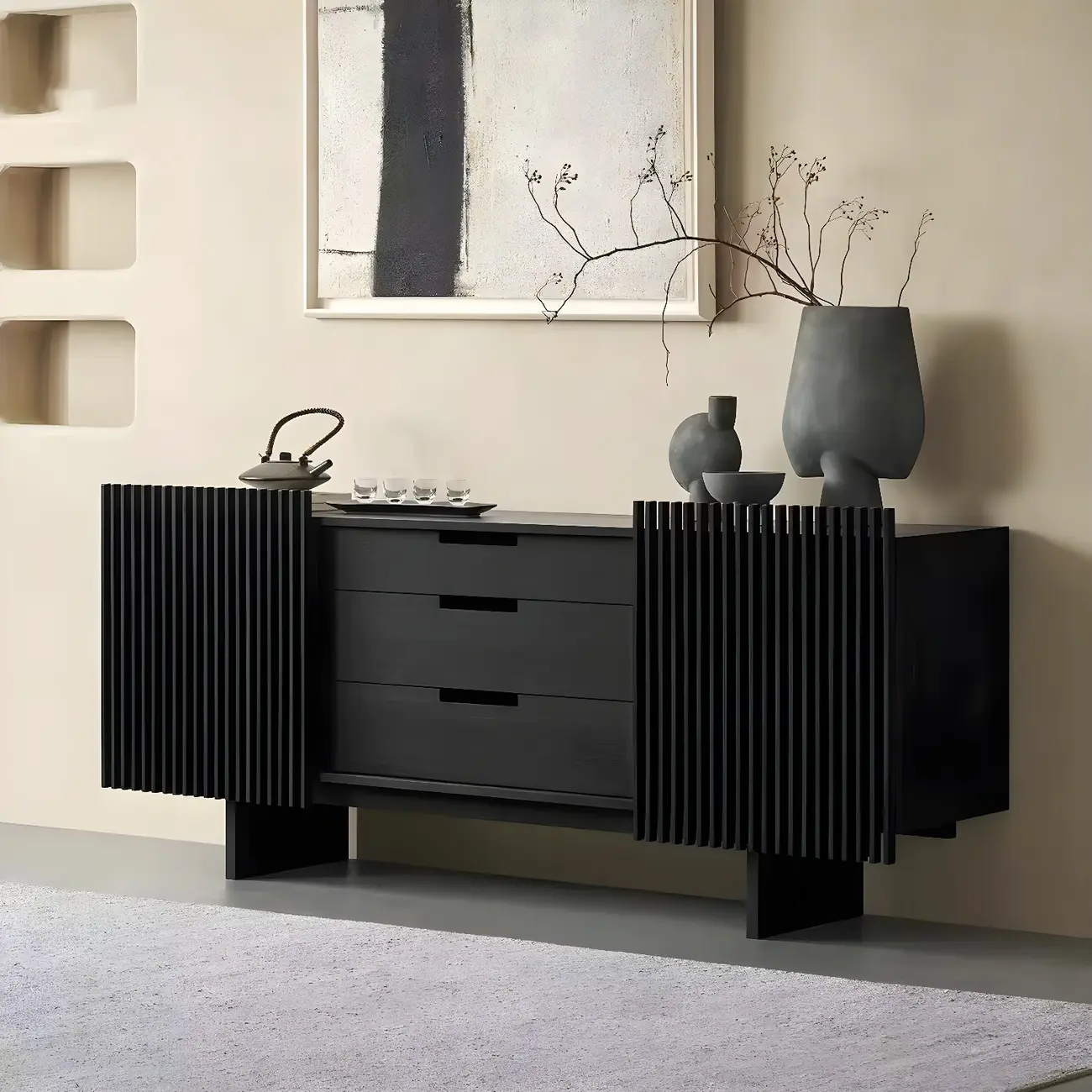 Black Wooden Buffet Table with Sliding Doors and Drawers Image - 5 | homeyfad