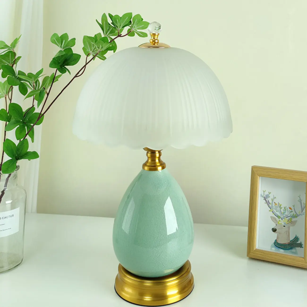 Green Ceramic Modern Table Lamp With Gold Base And White Glass Bowl Shade Image - 2 | homeyfad