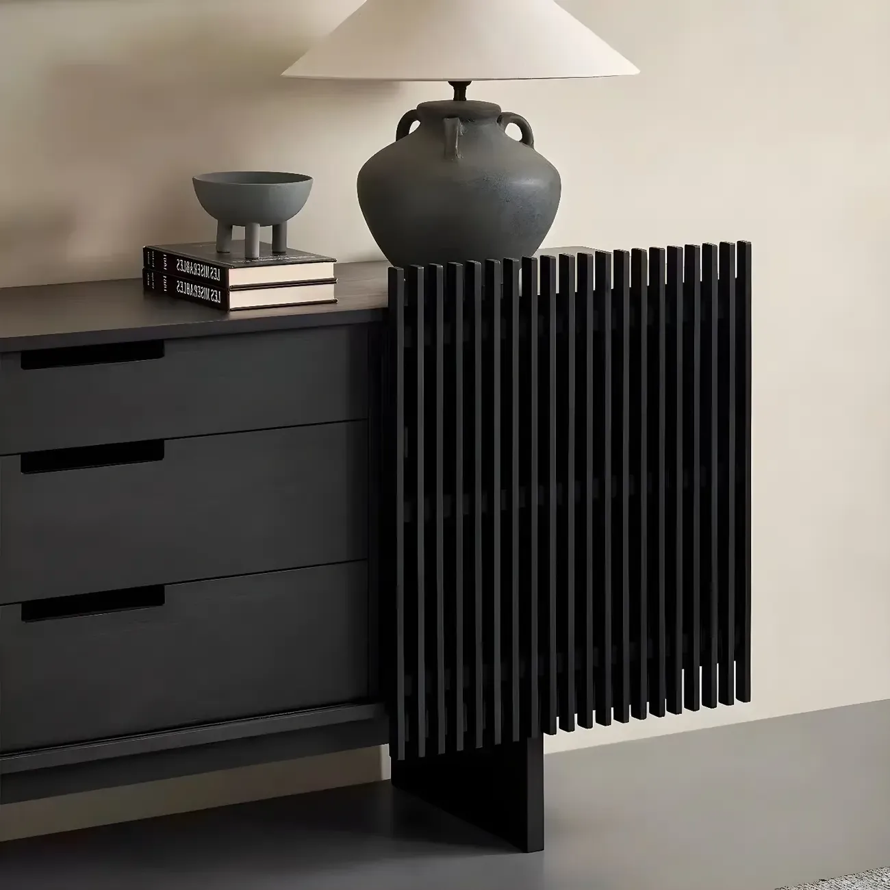 Black Wooden Buffet Table with Sliding Doors and Drawers Image - 8