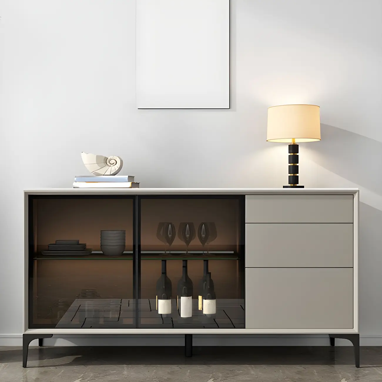 Modern Grey Sideboard with Glass Doors and Drawers Image - 1 | homeyfad