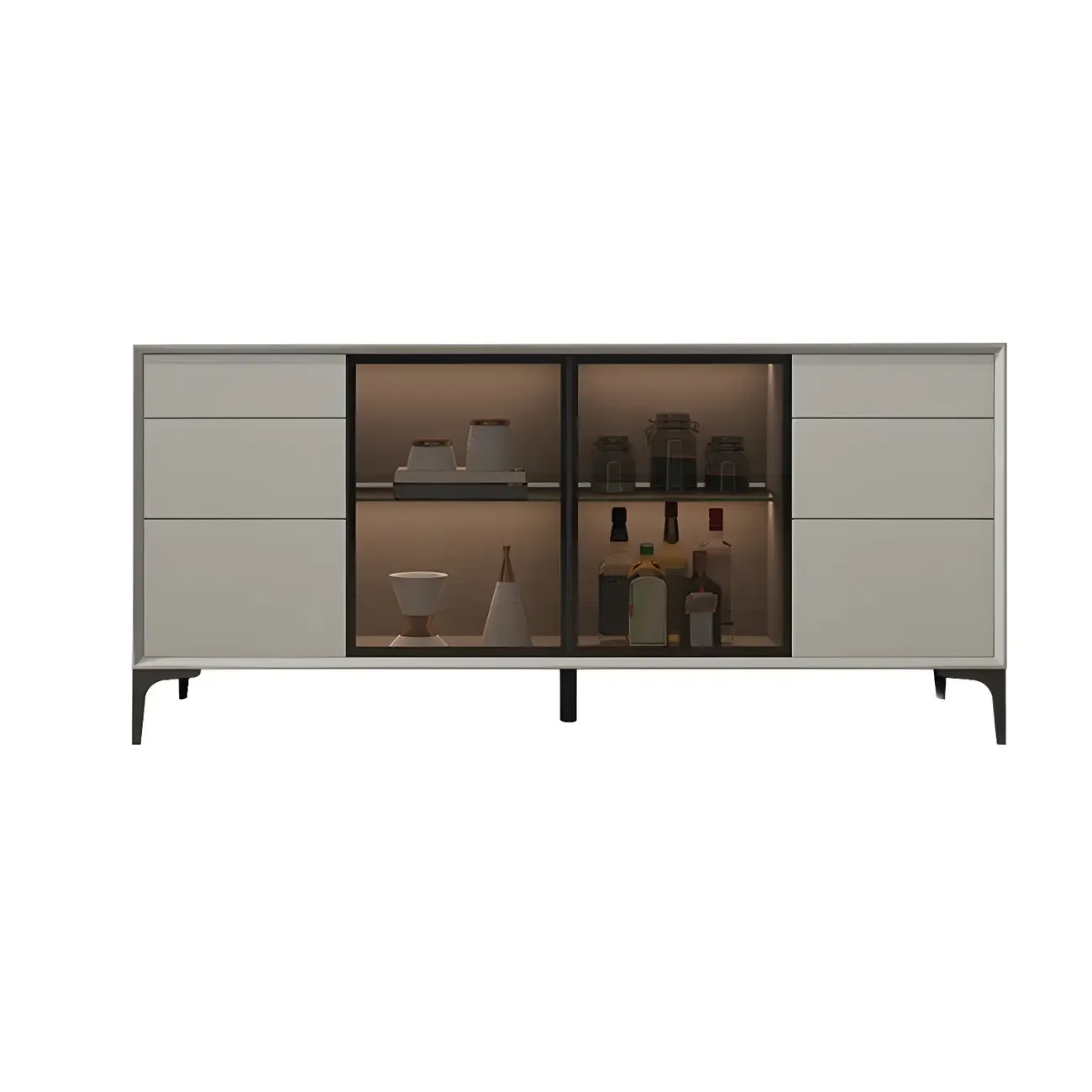 Modern Grey Sideboard with Glass Doors and Drawers Image - 3