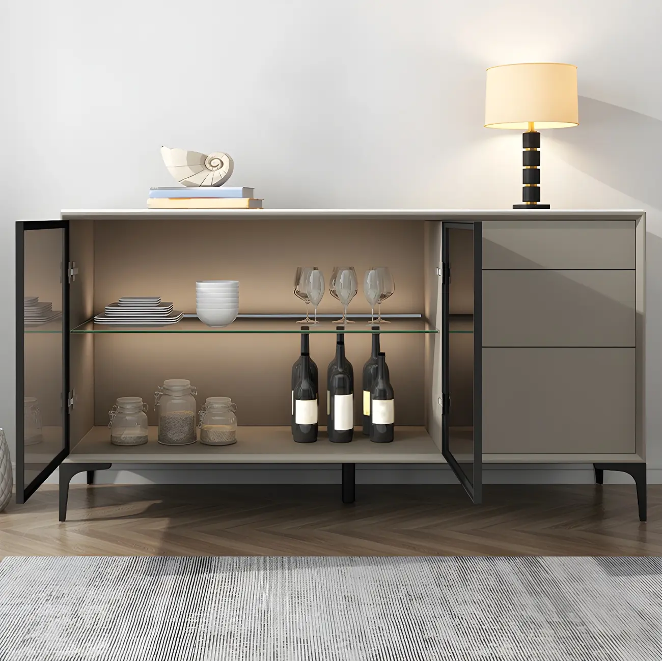 Modern Grey Sideboard with Glass Doors and Drawers Image - 4 | homeyfad