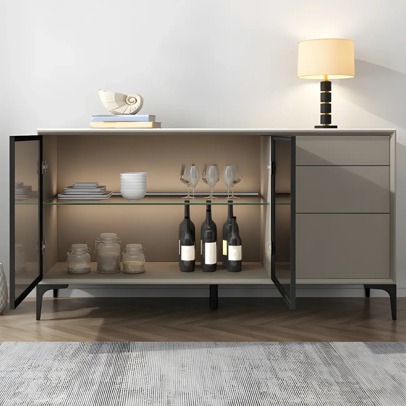 Modern Grey Sideboard with Glass Doors and Drawers Image - 4