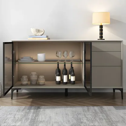 Modern Grey Sideboard with Glass Doors and Drawers Image - 4