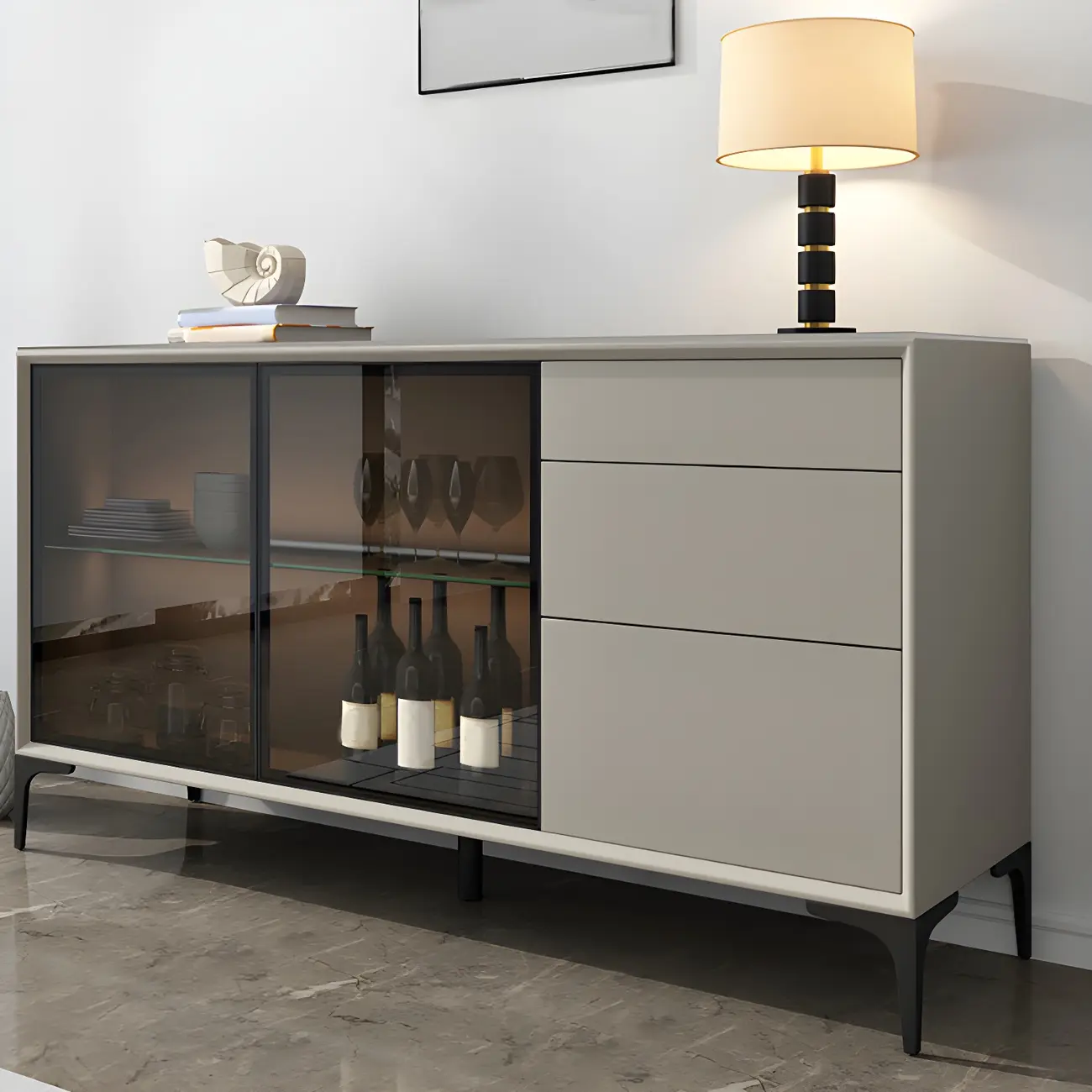 Modern Grey Sideboard with Glass Doors and Drawers Image - 5 | homeyfad