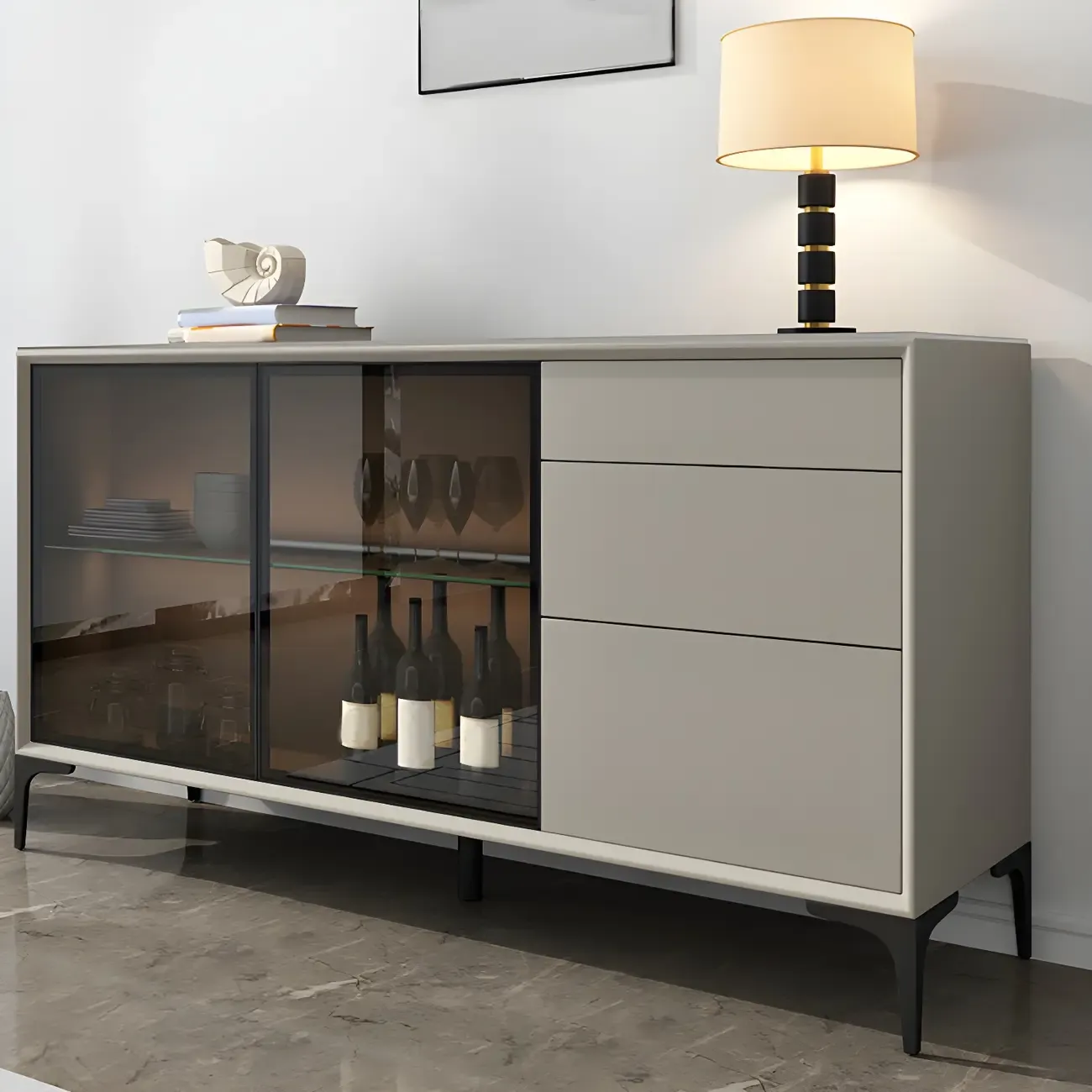 Modern Grey Sideboard with Glass Doors and Drawers Image - 5