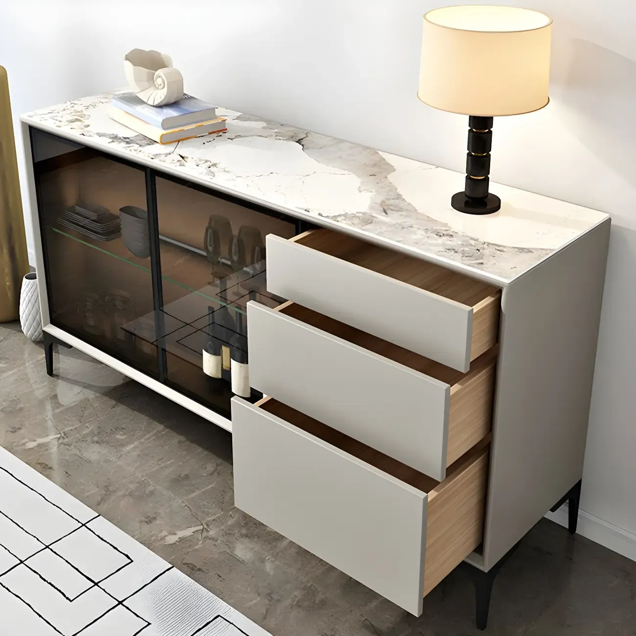 Modern Grey Sideboard with Glass Doors and Drawers Image - 6