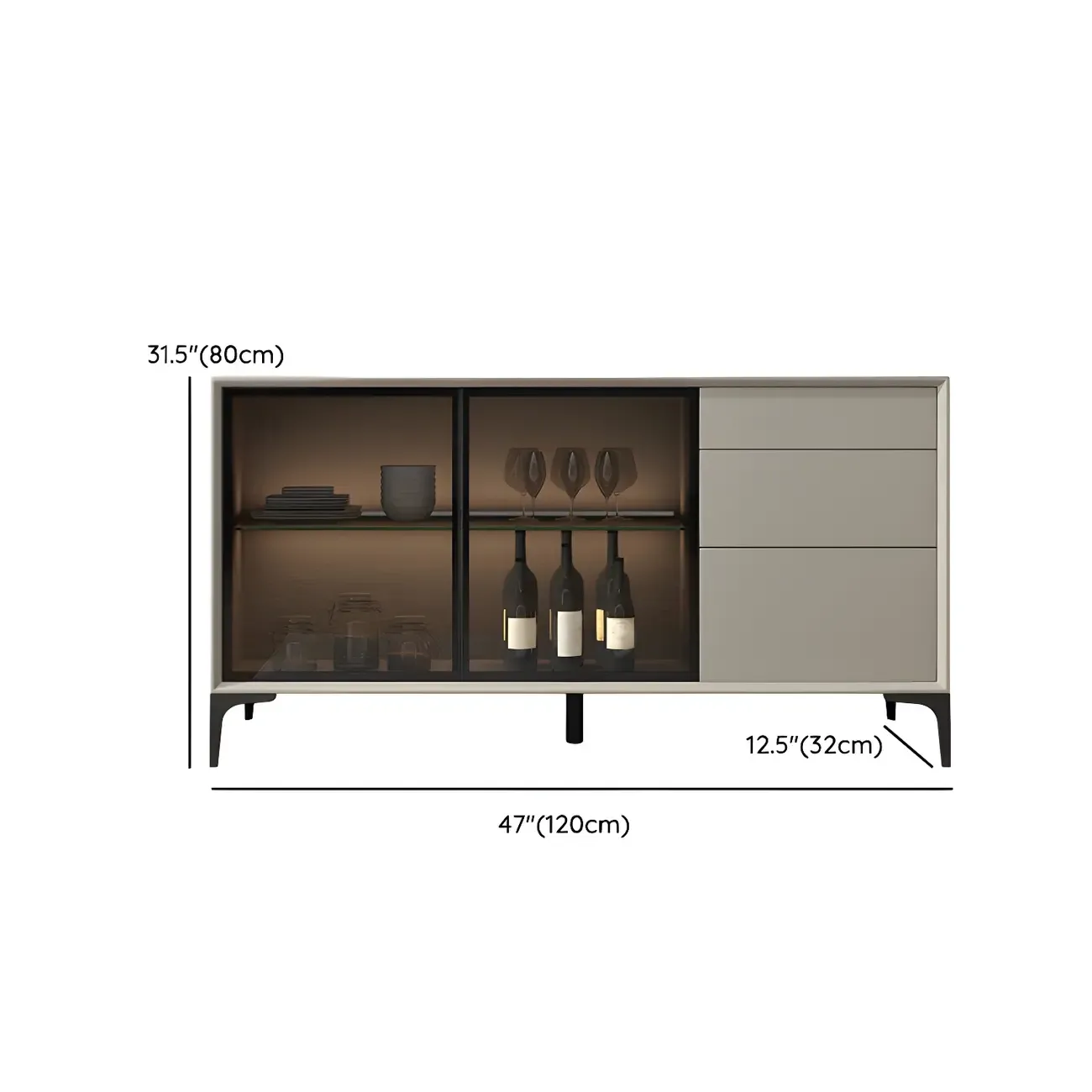 Modern Grey Sideboard with Glass Doors and Drawers #size