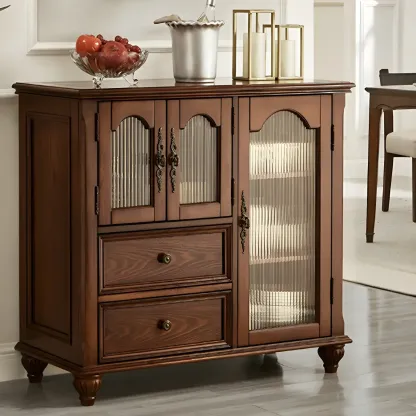 Traditional Wooden Sideboard with Glass Doors and Cabinets Image - 4