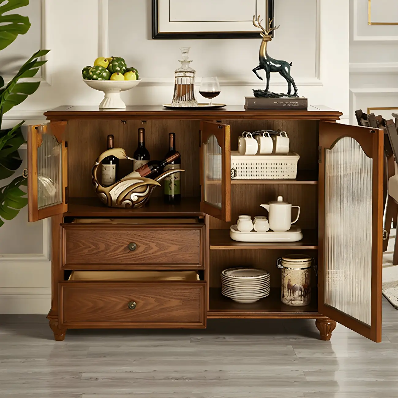 Traditional Wooden Sideboard with Glass Doors and Cabinets Image - 5 | homeyfad