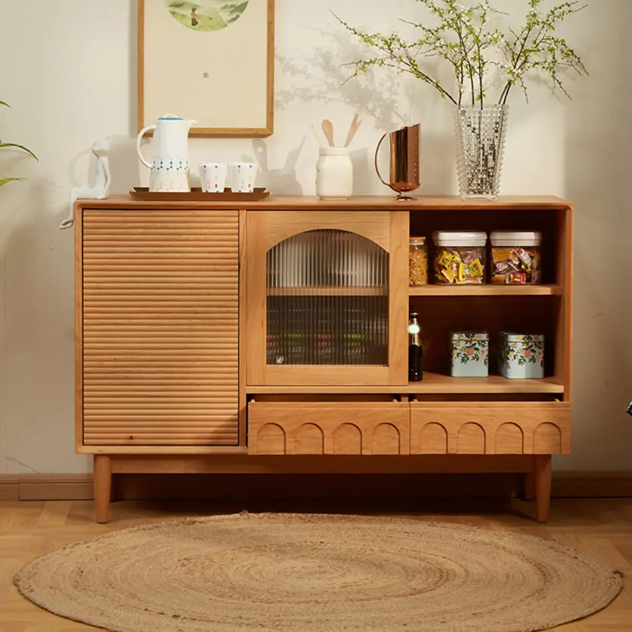 Scandinavian Yellow Wooden Sideboard with Cabinets Image - 1