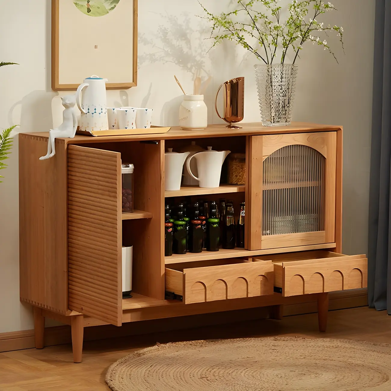 Scandinavian Yellow Wooden Sideboard with Cabinets Image - 4 | homeyfad