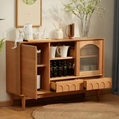 Scandinavian Yellow Wooden Sideboard with Cabinets Image - 4