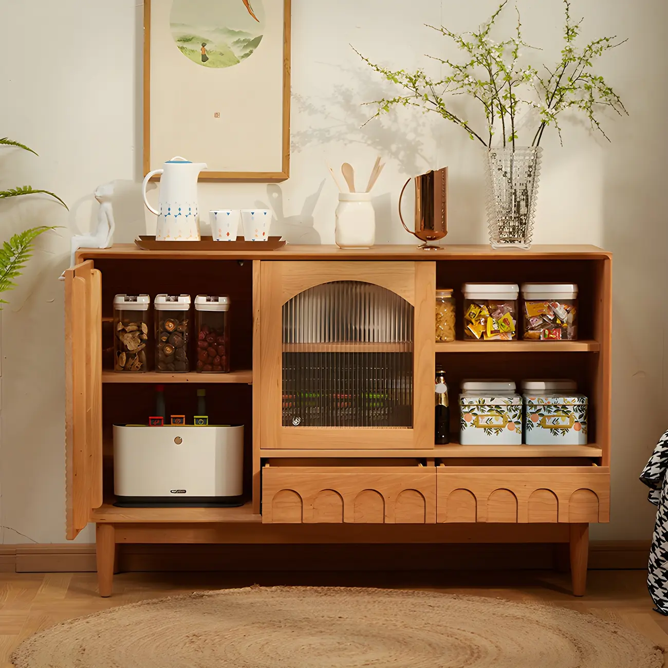 Scandinavian Yellow Wooden Sideboard with Cabinets Image - 5 | homeyfad