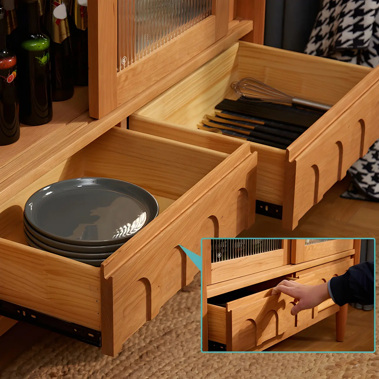 Scandinavian Yellow Wooden Sideboard with Cabinets Image - 7 | homeyfad