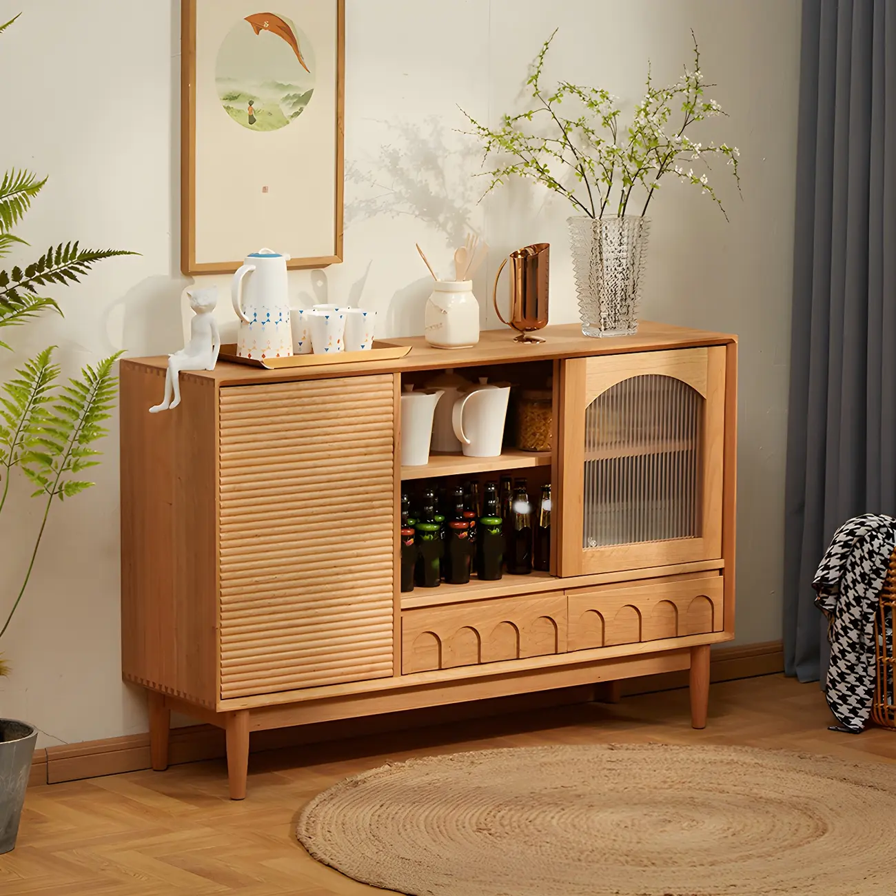 Scandinavian Yellow Wooden Sideboard with Cabinets Image - 11 | homeyfad