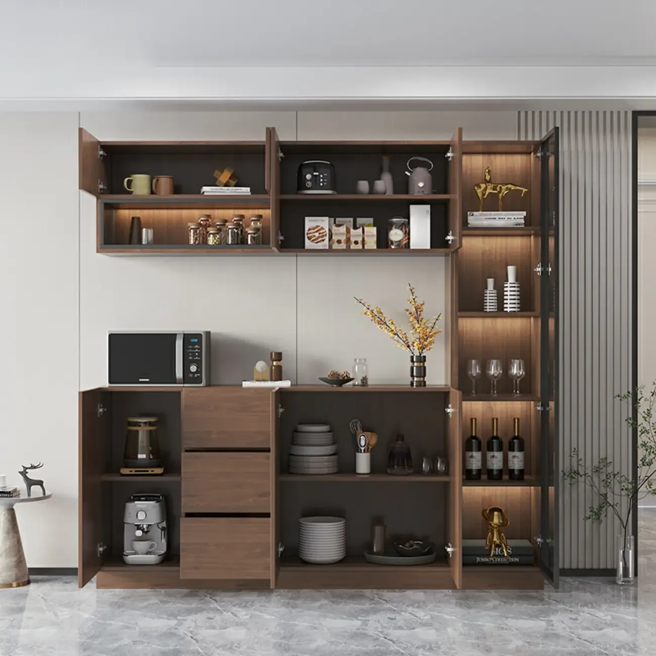 Modern Wooden Sideboard with Drawers & Shelves & Cabinets Image - 8