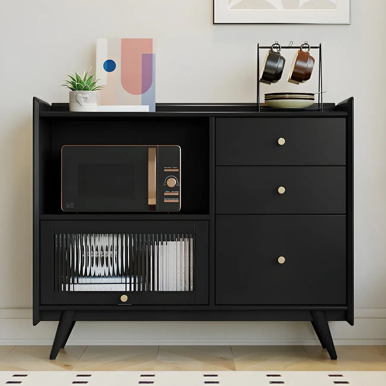 Modern Black Espresso Sideboard with Cabinets & Drawers Image - 1