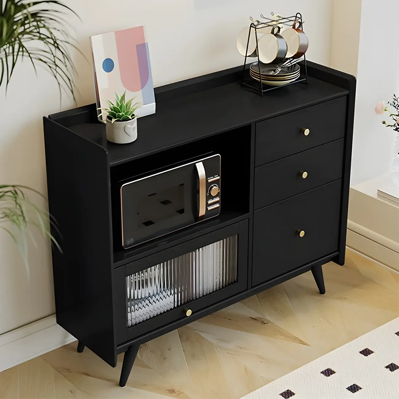 Modern Black Espresso Sideboard with Cabinets & Drawers Image - 3