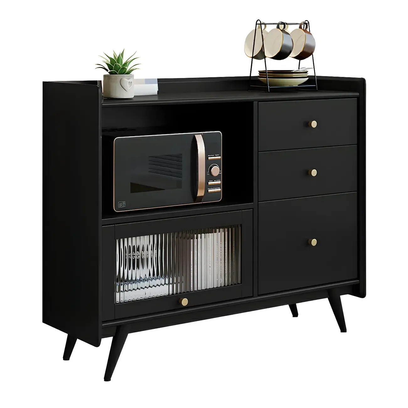 Modern Black Espresso Sideboard with Cabinets & Drawers Image - 6