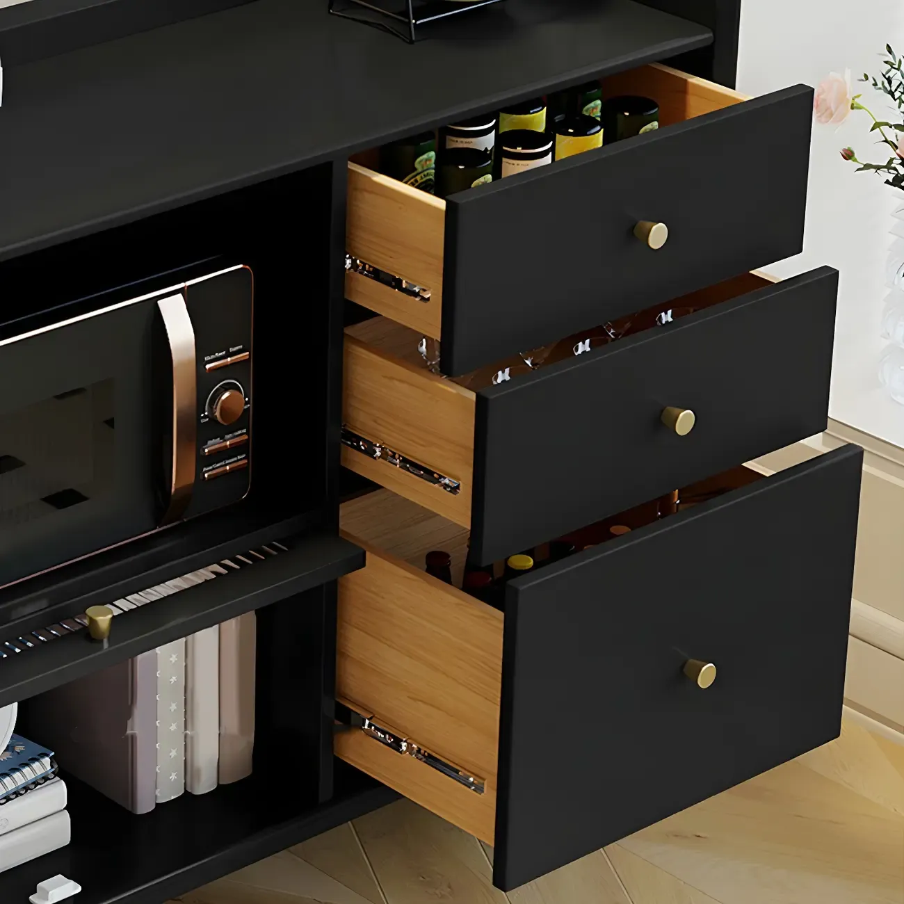 Modern Black Espresso Sideboard with Cabinets & Drawers Image - 9