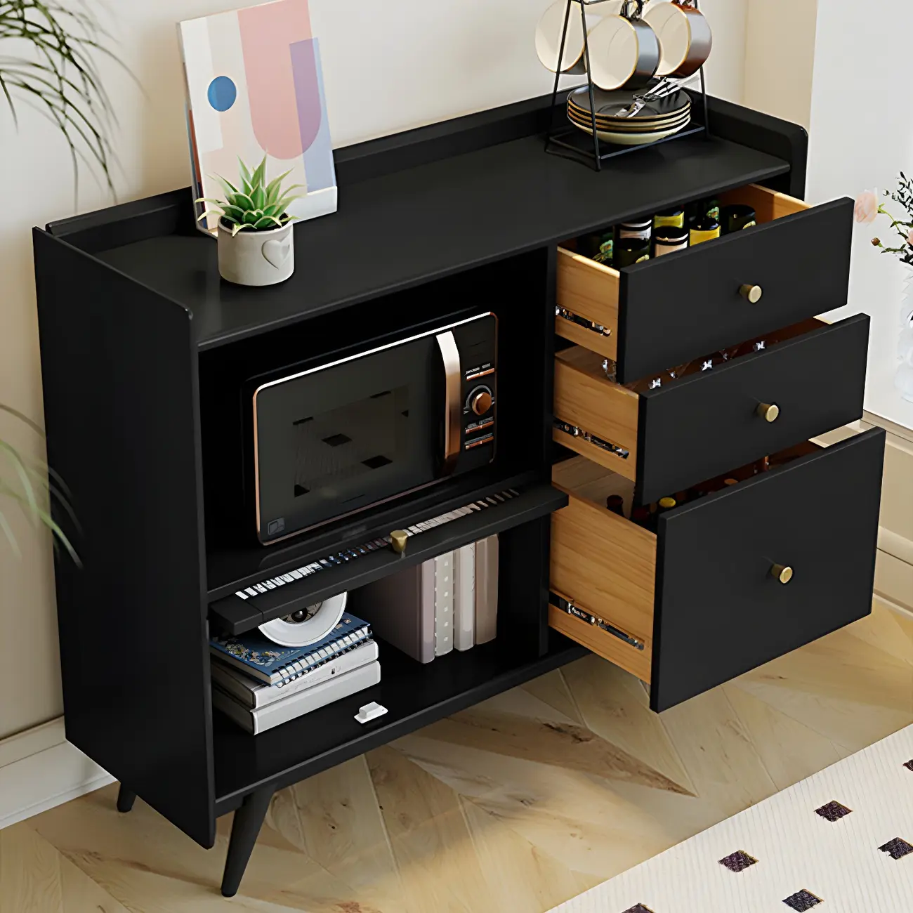 Modern Black Espresso Sideboard with Cabinets & Drawers Image - 11 | homeyfad