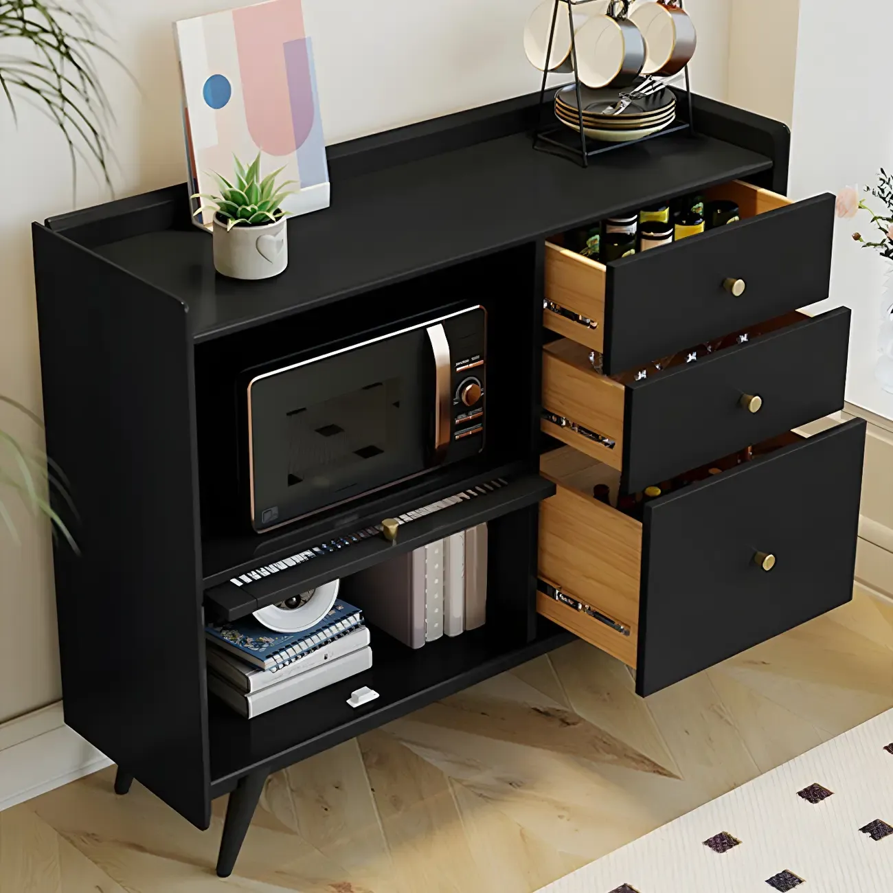 Modern Black Espresso Sideboard with Cabinets & Drawers Image - 11