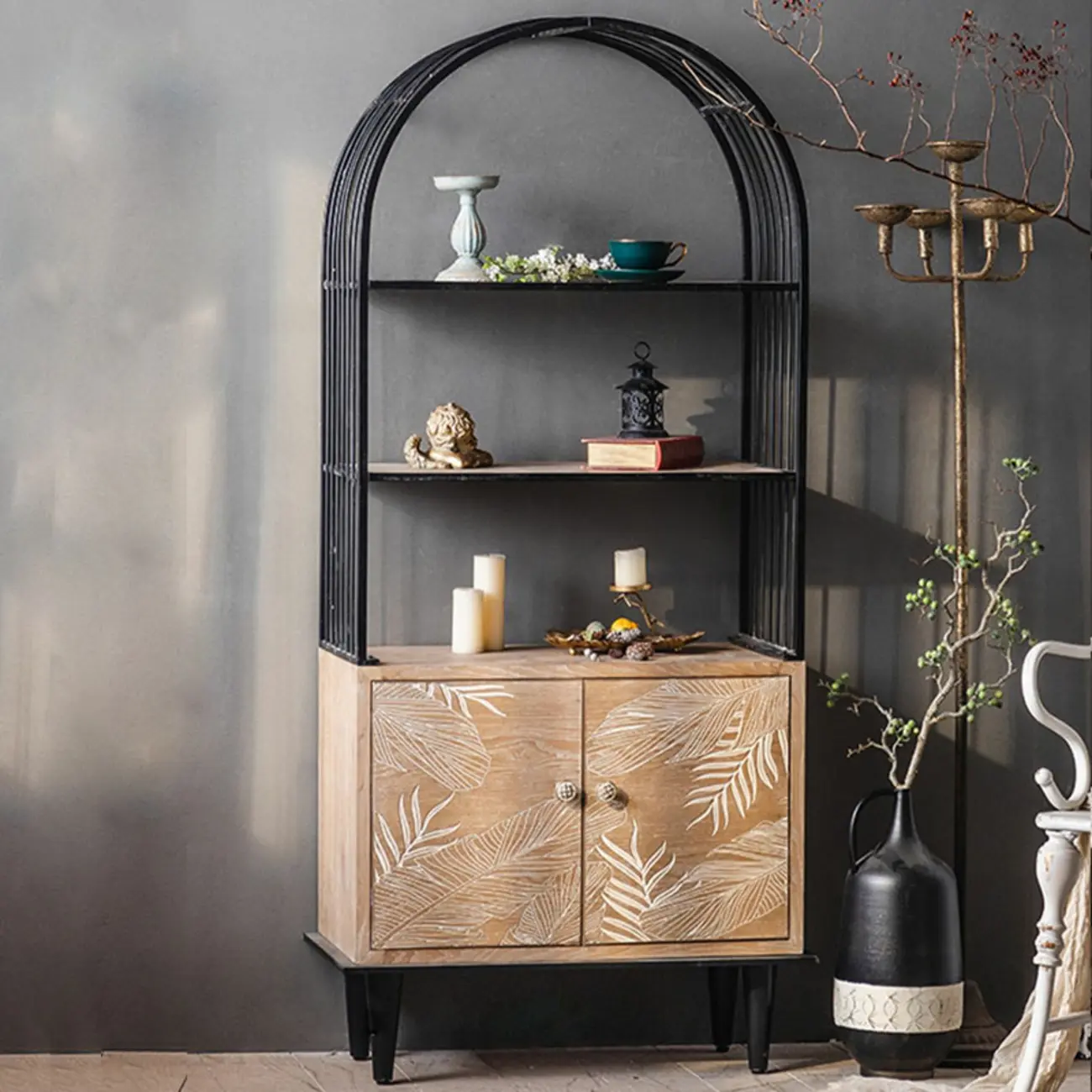 Oriental Brown Wooden Sideboard with Leaf Carving Image - 1 | homeyfad