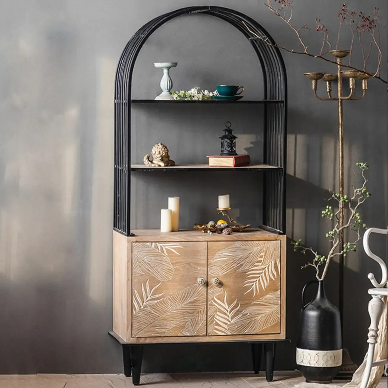 Oriental Brown Wooden Sideboard with Leaf Carving Image - 1
