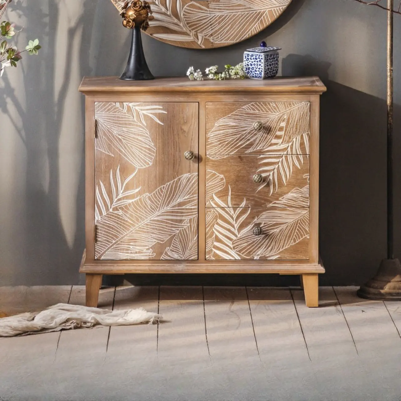 Oriental Brown Wooden Sideboard with Leaf Carving Image - 2 | homeyfad